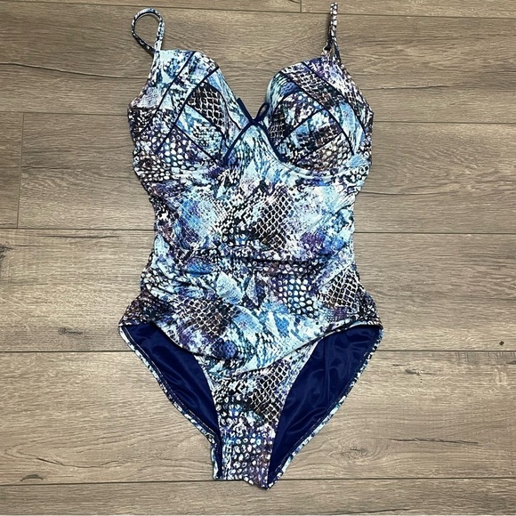 Spanx Blue Python Nile Bra-llelujah Underwire One Piece Swimsuit Blue Sz 10 D/DD - Picture 2 of 9